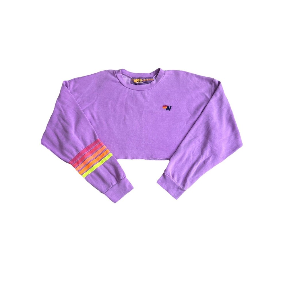 Aviator Nation Lavender Cropped Sweatshirt with Rainbow Stripe - Picture 3 of 9